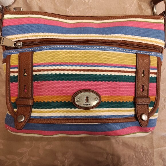 Fossil Multicolor Striped Canvas Crossbody Purse, Excellent Used Condition! - Picture 3 of 13